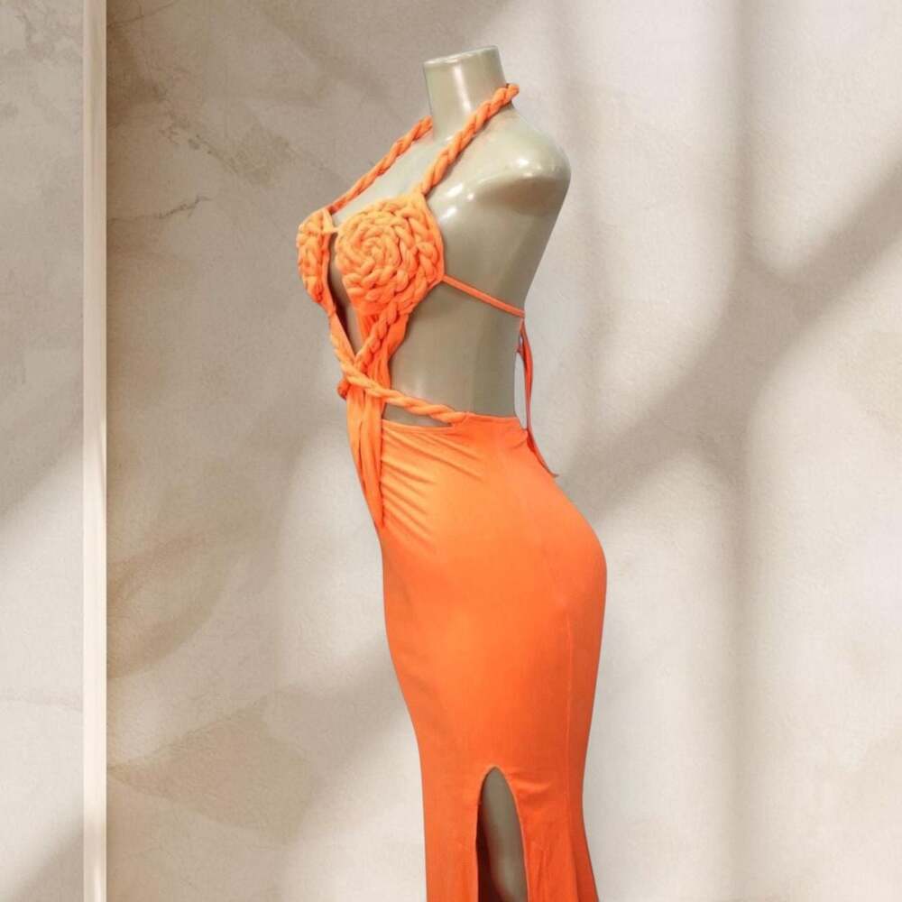 Orange Cutout Maxi Dress – Halter Neck Braided Detail Bodycon w/ High Slit Sexy - Picture 3 of 4